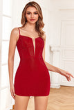 Rojo Lentejuelas Ajustado Vestido Corto de Cóctel