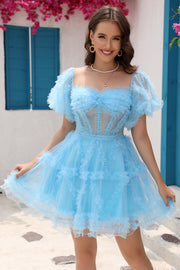 Azul Tul Fuera del Hombro Vestido de Cóctel