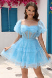 Azul Tul Fuera del Hombro Vestido de Cóctel