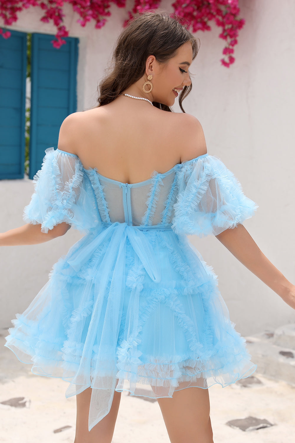 Azul Tul Fuera del Hombro Vestido de Cóctel
