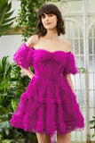 Elegante Una línea fuera del hombro Fucsia Corsé Homecoming Vestido con mangas