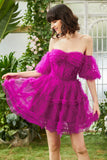 Elegante Una línea fuera del hombro Fucsia Corsé Homecoming Vestido con mangas