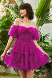Elegante Una línea fuera del hombro Fucsia Corsé Homecoming Vestido con mangas