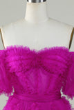 Elegante Una línea fuera del hombro Fucsia Tul Corsé Vestido de bienvenida