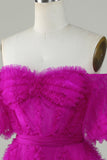 Elegante Una línea fuera del hombro Fucsia Tul Corsé Vestido de bienvenida