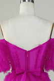 Elegante Una línea fuera del hombro Fucsia Tul Corsé Vestido de bienvenida