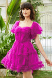 Elegante Una línea fuera del hombro Fucsia Corsé Homecoming Vestido con mangas