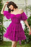 Elegante Una línea fuera del hombro Fucsia Corsé Homecoming Vestido con mangas