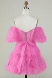Elegante Una línea fuera del hombro Fucsia Tul Corsé Vestido de bienvenida