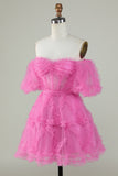 Elegante Una línea fuera del hombro Fucsia Tul Corsé Vestido de bienvenida