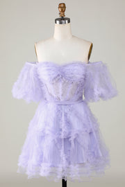 Elegante Una línea fuera del hombro Tul púrpura Corsé Vestido de bienvenida