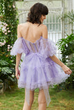 Elegante Una línea fuera del hombro Fucsia Corsé Homecoming Vestido con mangas