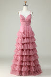 A Línea Tirantes de Espagueti Rosa Vestido de Graduación
