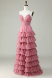 A Línea Tirantes de Espagueti Rosa Vestido de Graduación