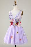 Una línea Deep V Neck Open Back Purple Homecoming Dress con flores 3D