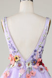 Una línea Deep V Neck Open Back Purple Homecoming Dress con flores 3D