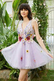 Púrpura Cuello en V Vestido de Cóctel Con Flores 3D