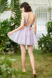 Púrpura Cuello en V Vestido de Cóctel Con Flores 3D