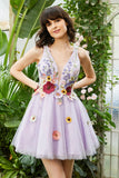 Púrpura Cuello en V Vestido de Cóctel Con Flores 3D