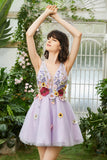 Púrpura Cuello en V Vestido de Cóctel Con Flores 3D