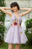 Púrpura Cuello en V Vestido de Cóctel Con Flores 3D