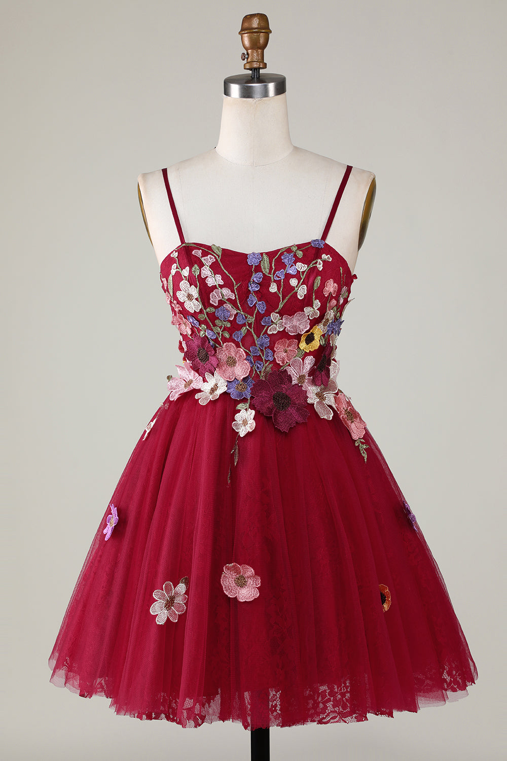A Line Tirantes de Espagueti Borgoña Vestido de Cóctel con flores 3D