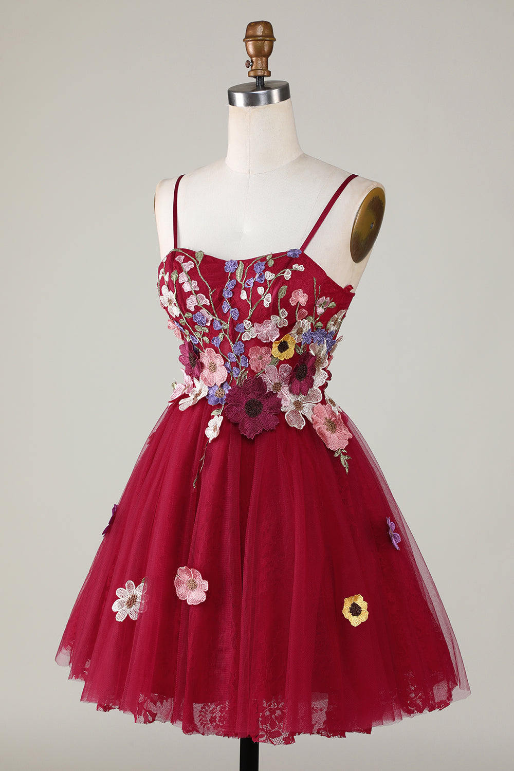 A Line Tirantes de Espagueti Borgoña Vestido de Cóctel con flores 3D