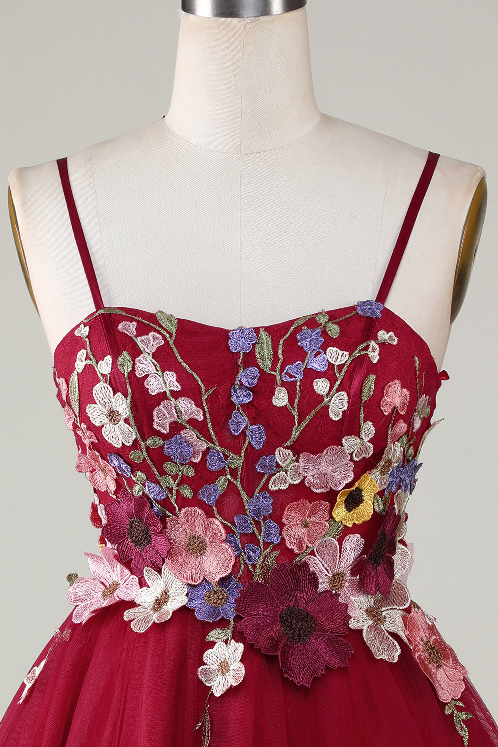 A Line Tirantes de Espagueti Borgoña Vestido de Cóctel con flores 3D