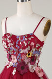 A Line Tirantes de Espagueti Borgoña Vestido de Cóctel con flores 3D