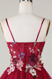 A Line Tirantes de Espagueti Borgoña Vestido de Cóctel con flores 3D