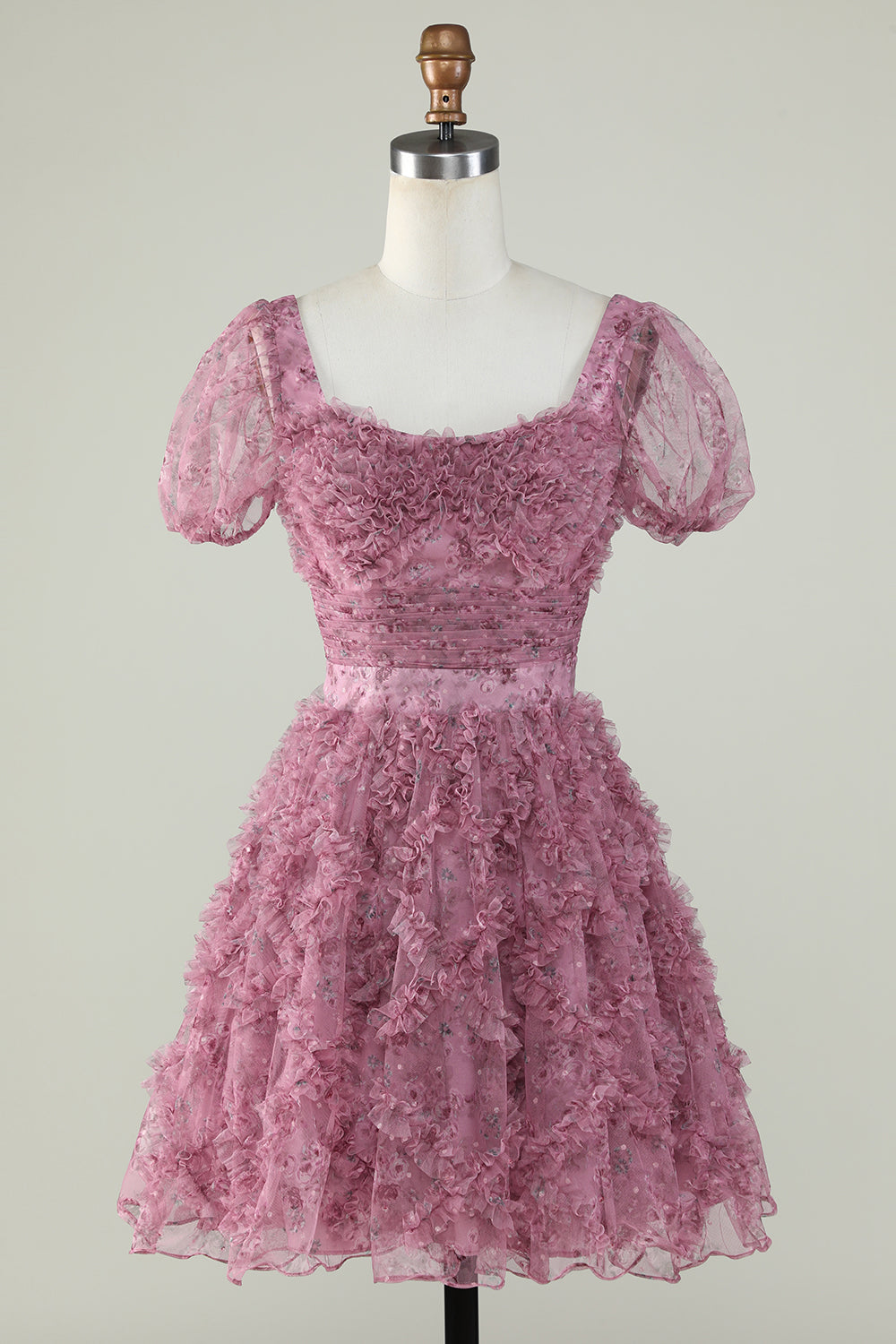 Precioso vestido floral Dusty Rose Homecoming con volantes