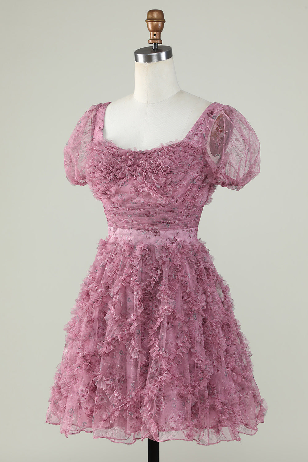 Precioso vestido floral Dusty Rose Homecoming con volantes