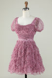 Precioso vestido floral Dusty Rose Homecoming con volantes