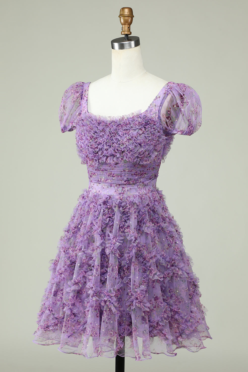 Floral A Línea Vestido de Cóctel Volantes Púrpura