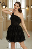 Elegante A Line One Shoulder Black Short Homecoming Dress con apliques
