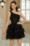 Elegante A Line One Shoulder Black Short Homecoming Dress con apliques