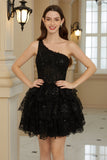 Elegante A Line One Shoulder Black Short Homecoming Dress con apliques