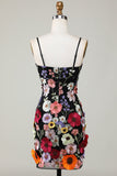 Bodycon Spaghetti Straps Vestido de bienvenida negro con flores 3D