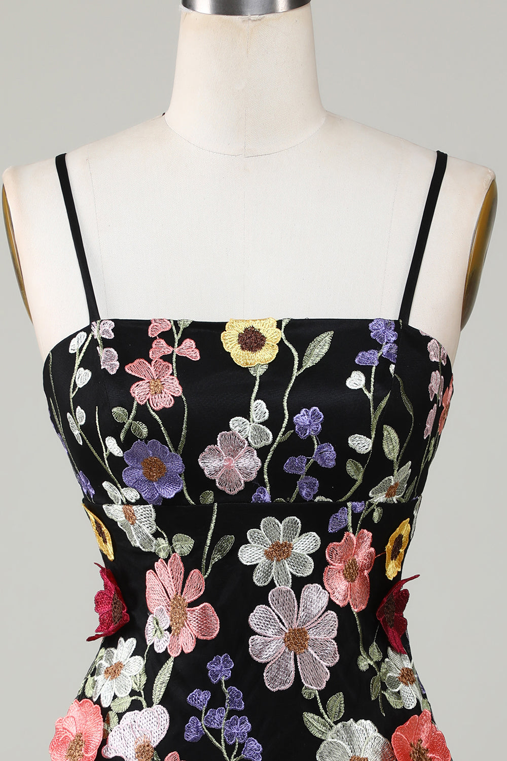 Bodycon Spaghetti Straps Vestido de bienvenida negro con flores 3D