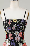 Bodycon Spaghetti Straps Vestido de bienvenida negro con flores 3D