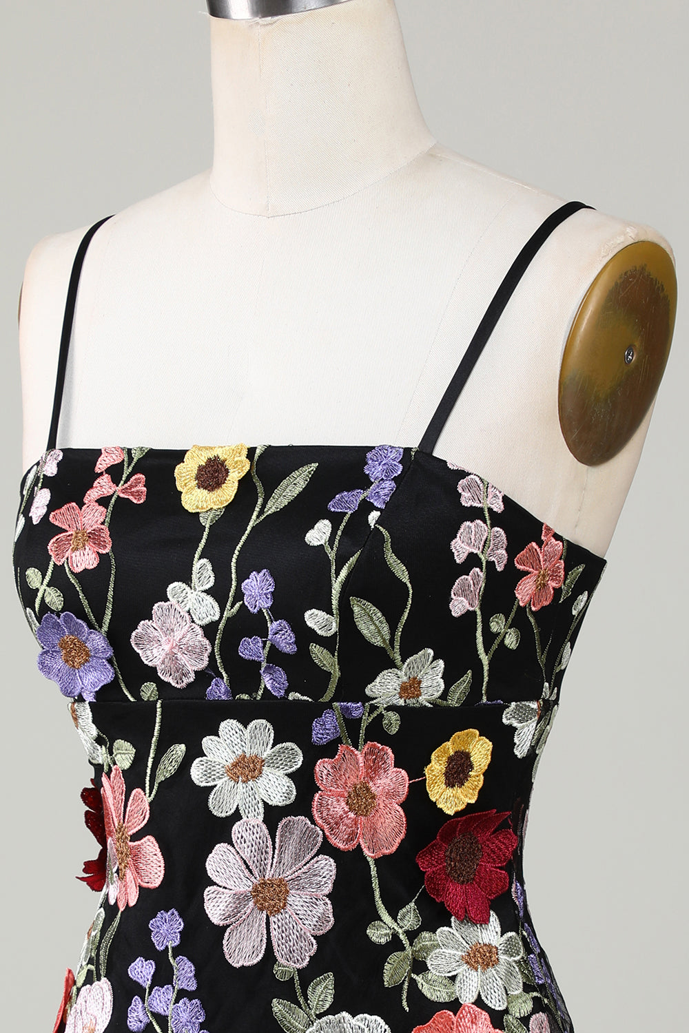 Bodycon Spaghetti Straps Vestido de bienvenida negro con flores 3D