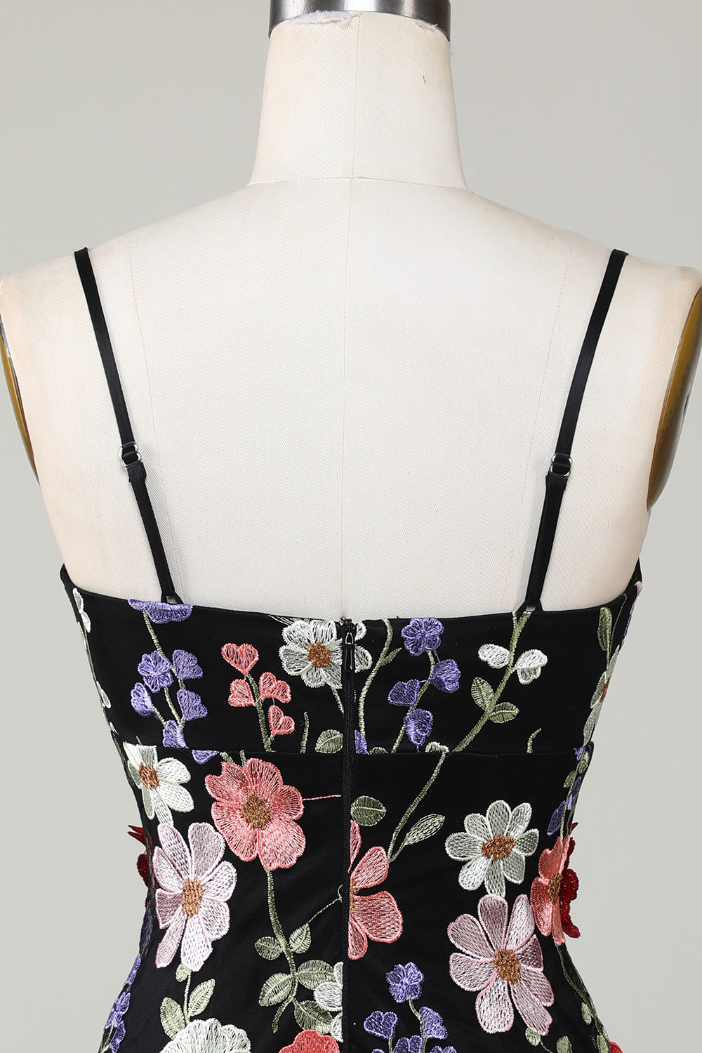 Bodycon Spaghetti Straps Vestido de bienvenida negro con flores 3D