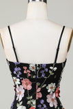 Bodycon Spaghetti Straps Vestido de bienvenida negro con flores 3D