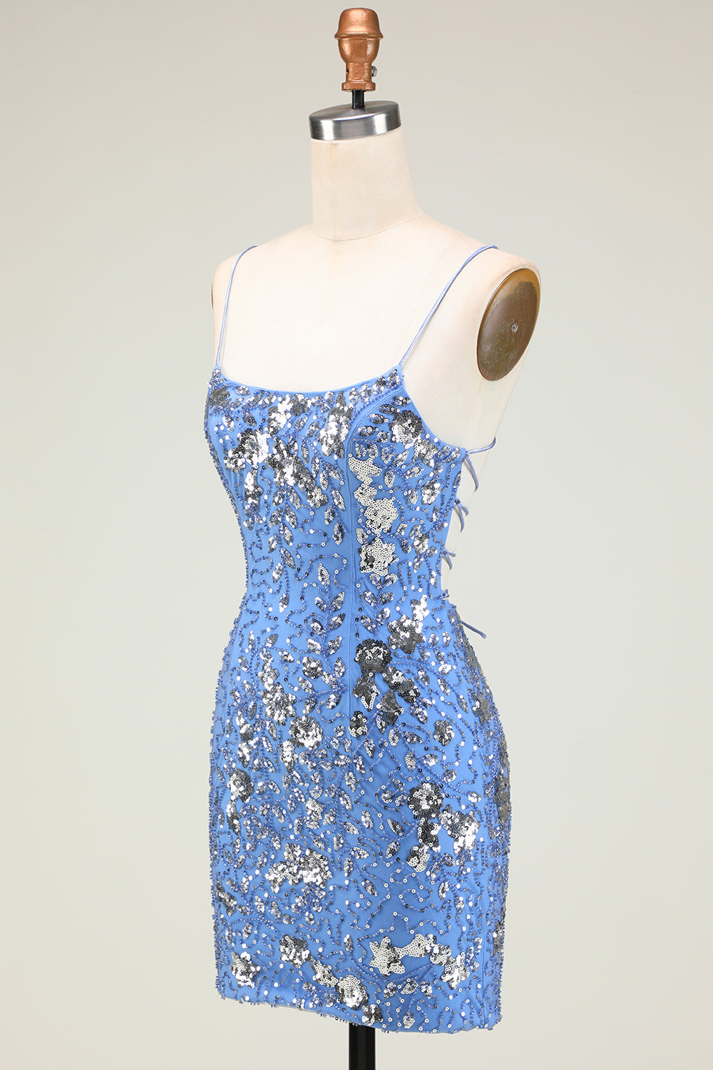 Sparkly Sheath Spaghetti Straps Grey Blue Selenteys Short Homecoming Dress with Criss Cross Back