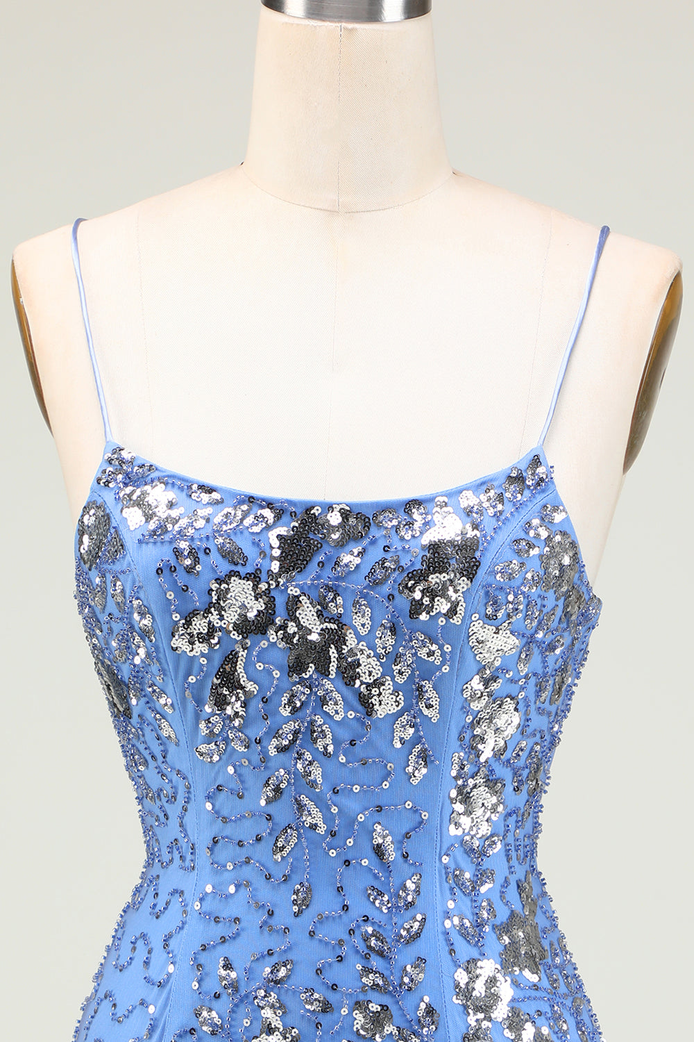 Sparkly Sheath Spaghetti Straps Grey Blue Selenteys Short Homecoming Dress with Criss Cross Back