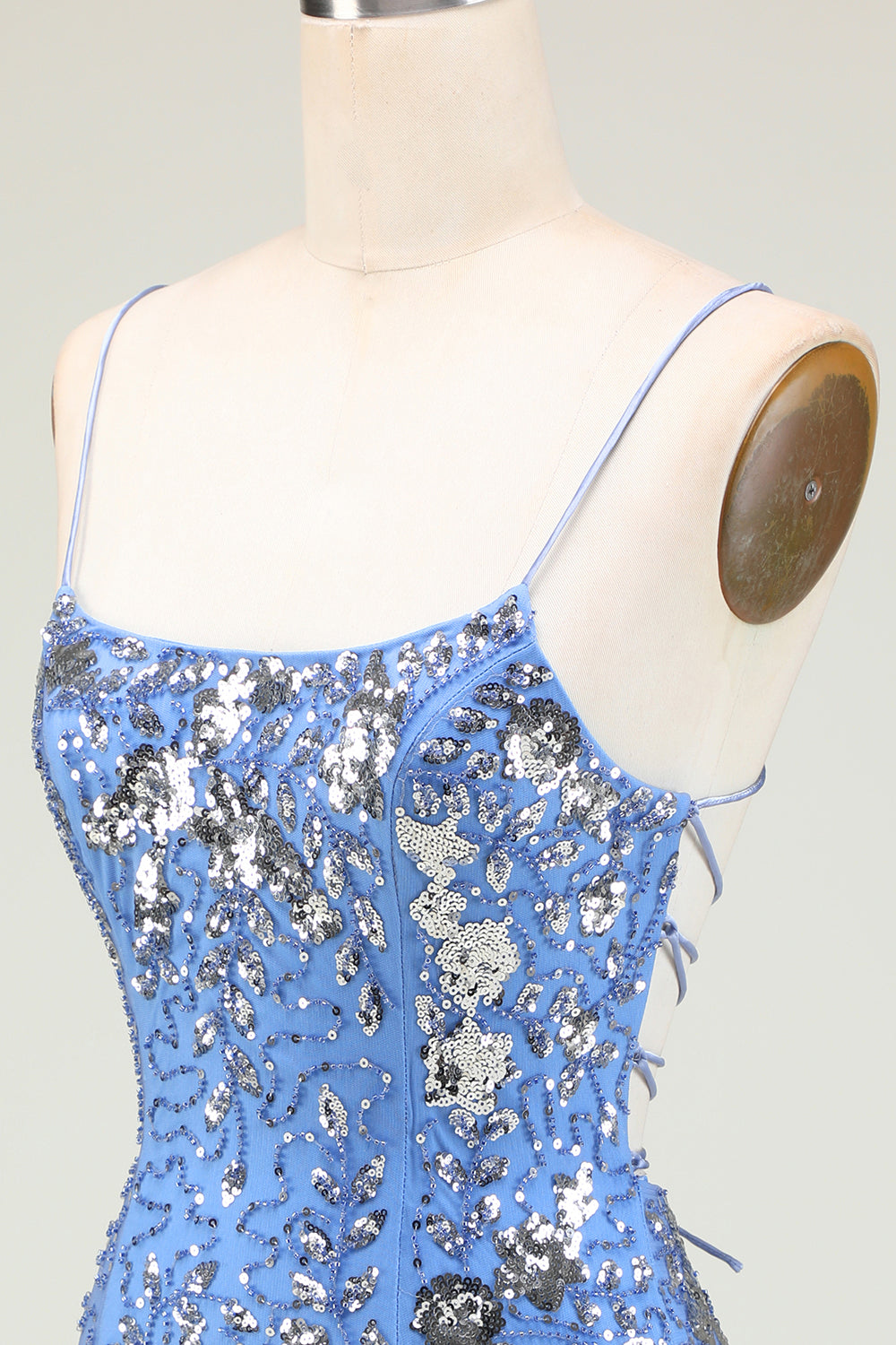 Sparkly Sheath Spaghetti Straps Grey Blue Selenteys Short Homecoming Dress with Criss Cross Back