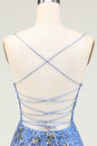 Sparkly Sheath Spaghetti Straps Grey Blue Selenteys Short Homecoming Dress with Criss Cross Back