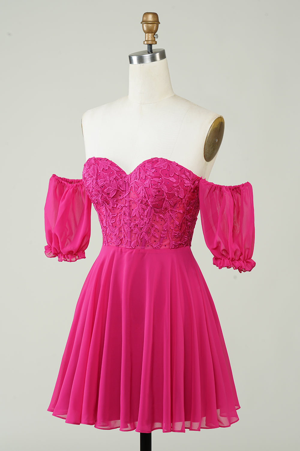 Fucsia Corsé A-Line Chiffon Vestido corto de bienvenida con encaje