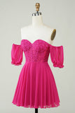 Fucsia Corsé A-Line Chiffon Vestido corto de bienvenida con encaje