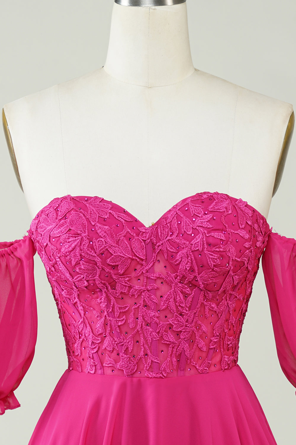 Fucsia Corsé A-Line Chiffon Vestido corto de bienvenida con encaje